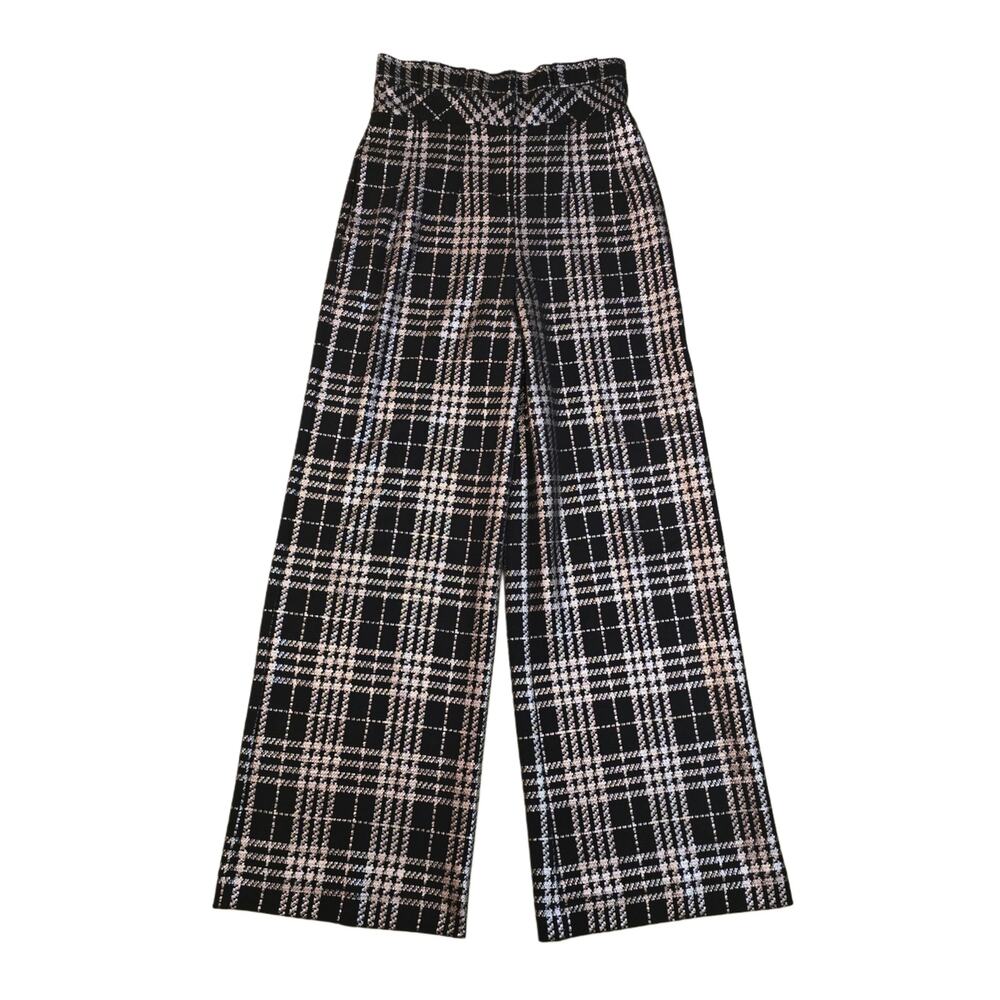 7th Ave Design NY & CO Wide Leg Dress Pants Size 2 Stretch Black Plaid Metallic